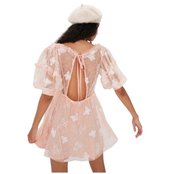 For Love and Lemons Shari Sequin Butterfly Lace Mini Dress Pink Size Large NWT - Picture 4 of 4